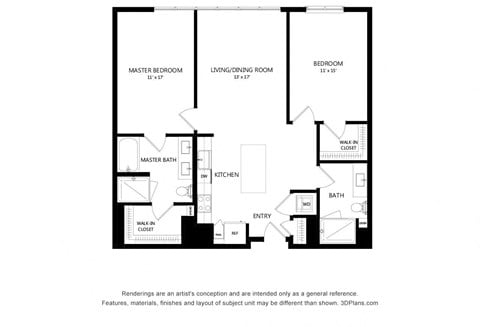 Floor plan for 2 beds, 2 baths, 1167 sqft